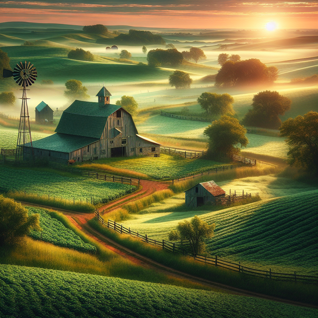 A serene, peaceful farm at dawn with a wooden barn, a vintage windmill, and dewy fields, capturing a tranquil good morning image.