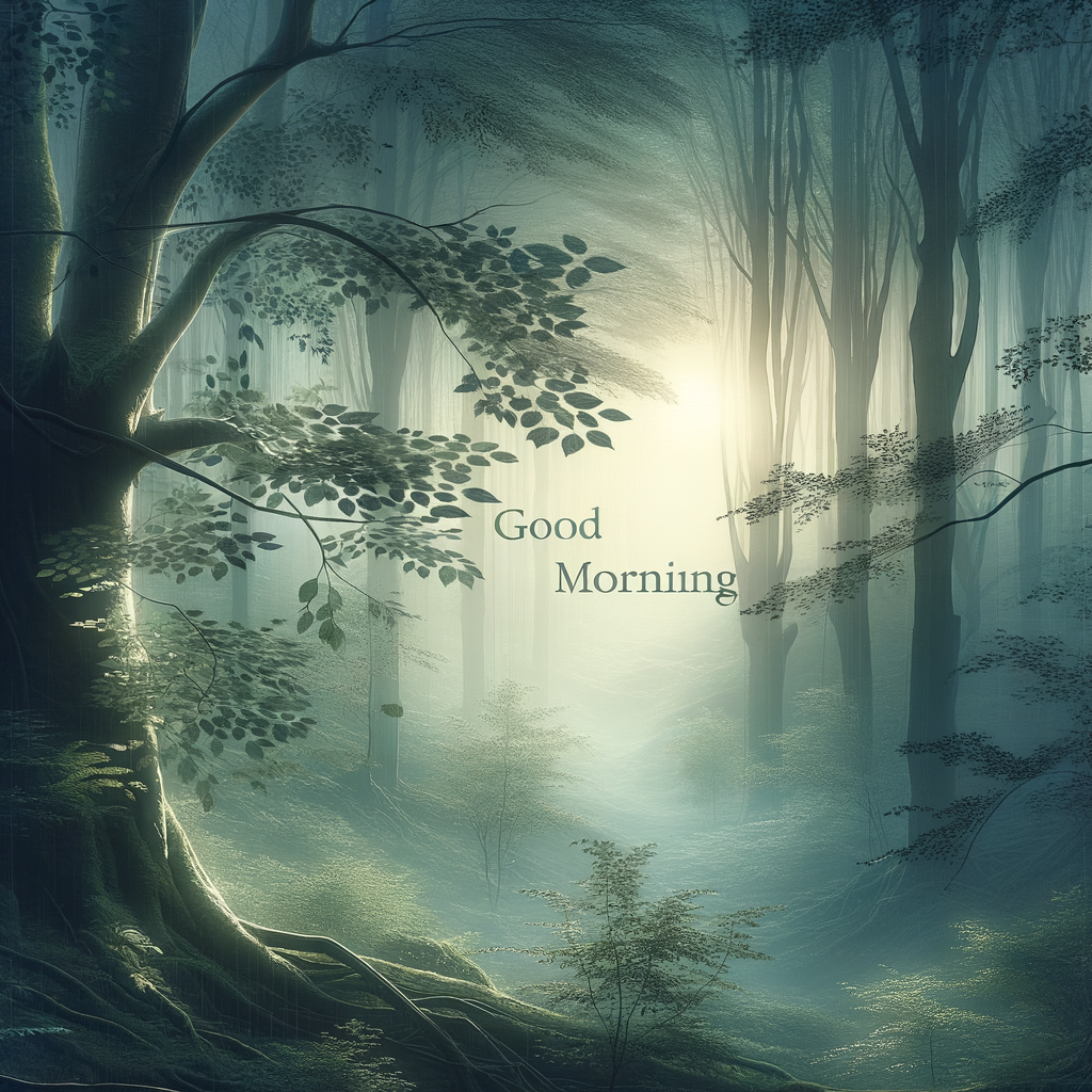 A tranquil, early morning forest scene with sunlight spelling 'Good Morning' amidst the whispering trees.