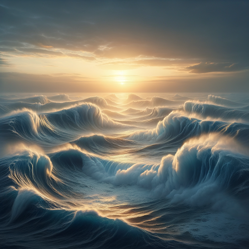 A breathtaking good morning image featuring the sun's golden rays caressing the ocean's powerful waves, invoking a serene start to the day.