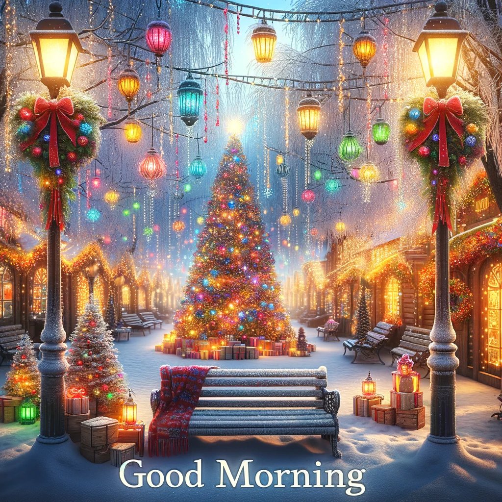 A snow-kissed village square with vibrant lights and a cheerful Christmas tree says 'Good morning.'