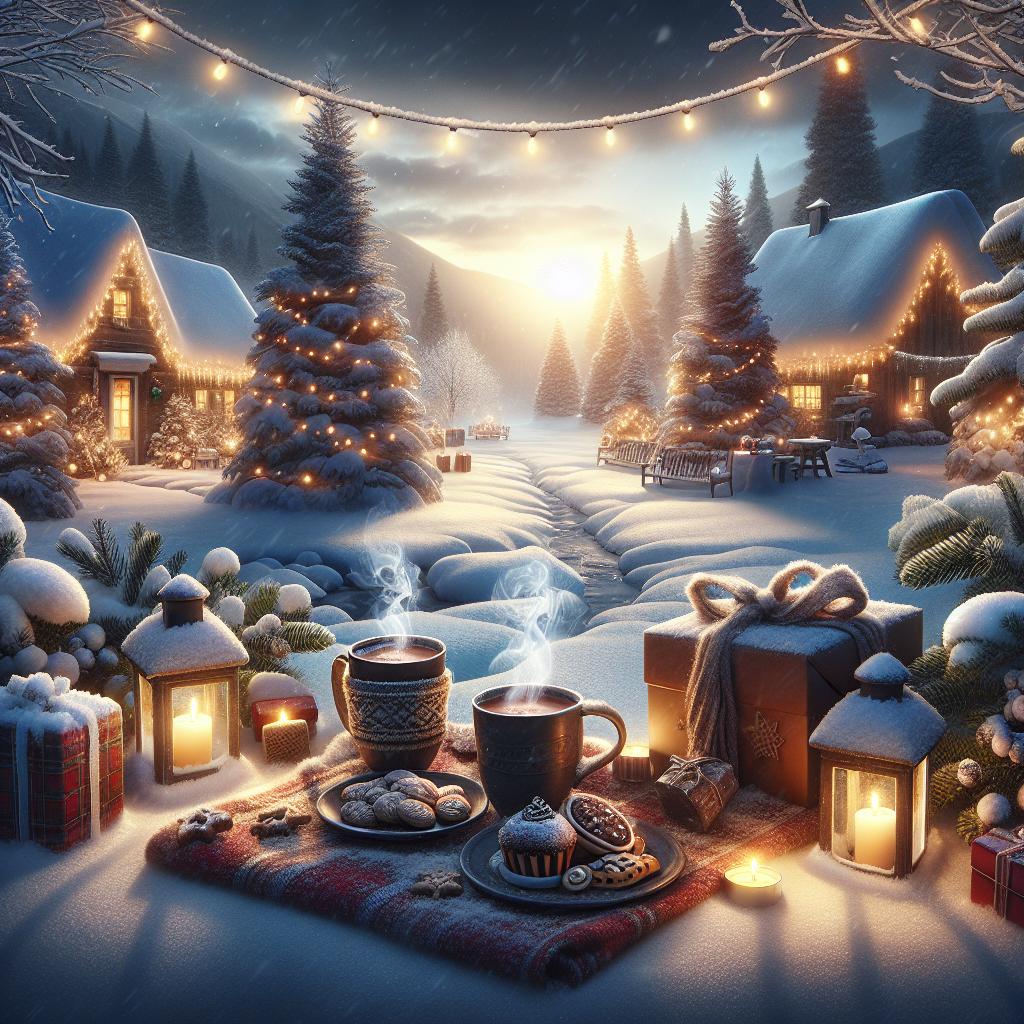 A tranquil winter morning adorned with twinkling lights, a table set for a gathering, a depiction of festive warmth in the snow, good morning image.