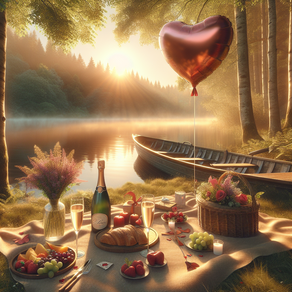 Good morning image of a sunrise over a lake with a romantic picnic setup, including a heart-shaped balloon, fresh fruits, and flowers.