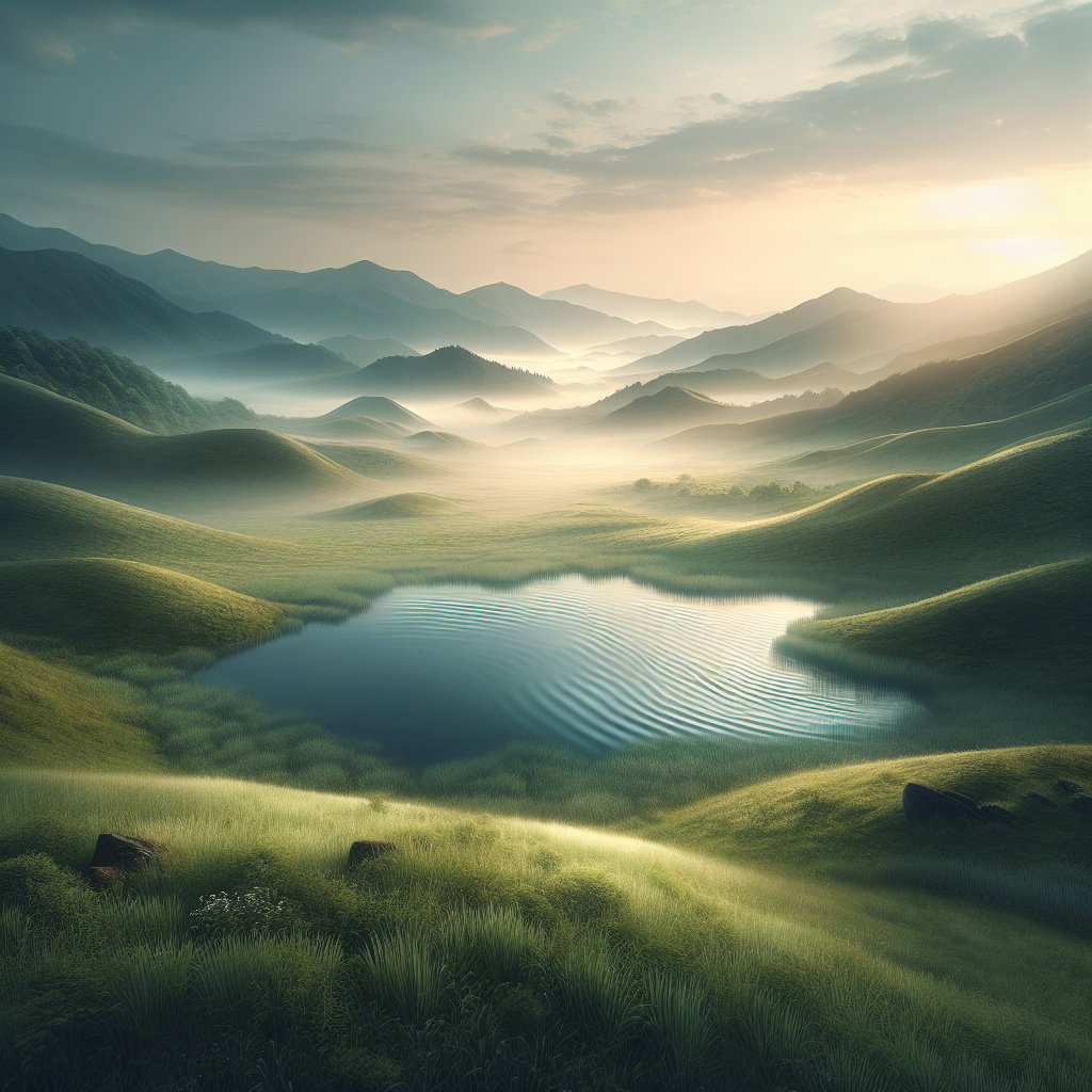 Good morning image showcasing tranquil dawn over rolling hills, gentle water ripples and weather-carved boulders