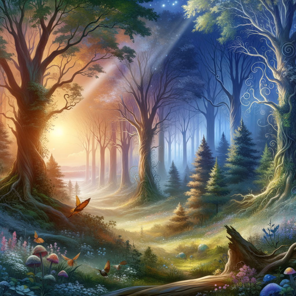 A serene, magical fairy-tale forest at daybreak, glowing with soft light and a sense of wonder, showcasing a good morning image.