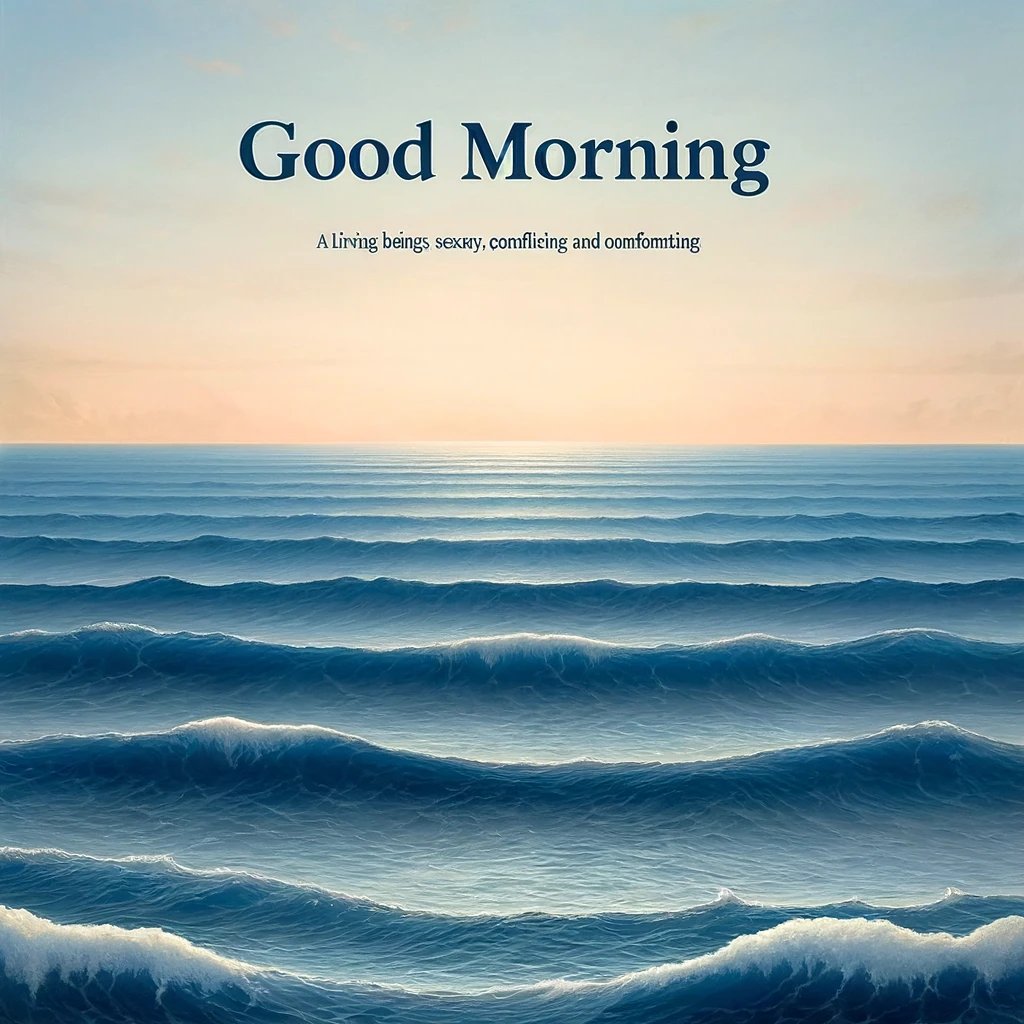 A serene ocean vista merges with the sky on a peaceful morning, featuring the text 'Good morning'.