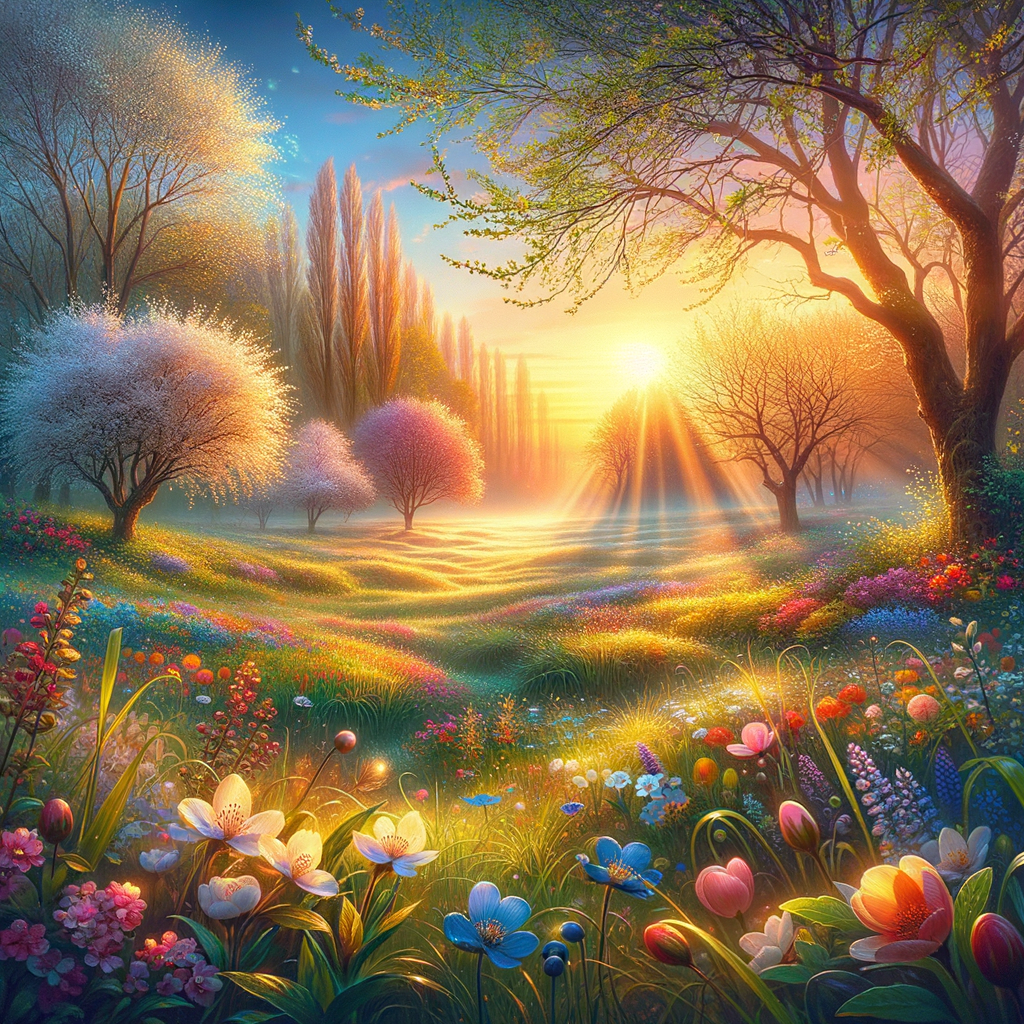 A serene good morning image capturing vibrant spring flowers, budding trees, and dewy grass with the sunrise.