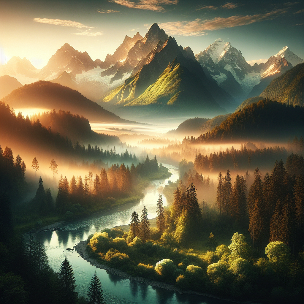 Majestic mountains, lush forests, and tranquil river reflecting the sky in a golden hue, a breathtaking good morning image