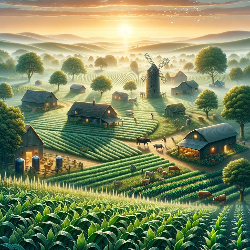 The serene good morning image showcases flourishing farms under a sunrise with no people or animals visible.