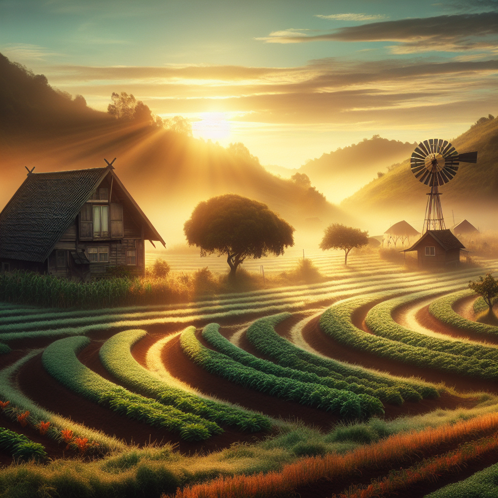 Sunrise over a peaceful farm, dew on crops, ripe fruits ready for harvest, and a windmill in the background - a perfect good morning image