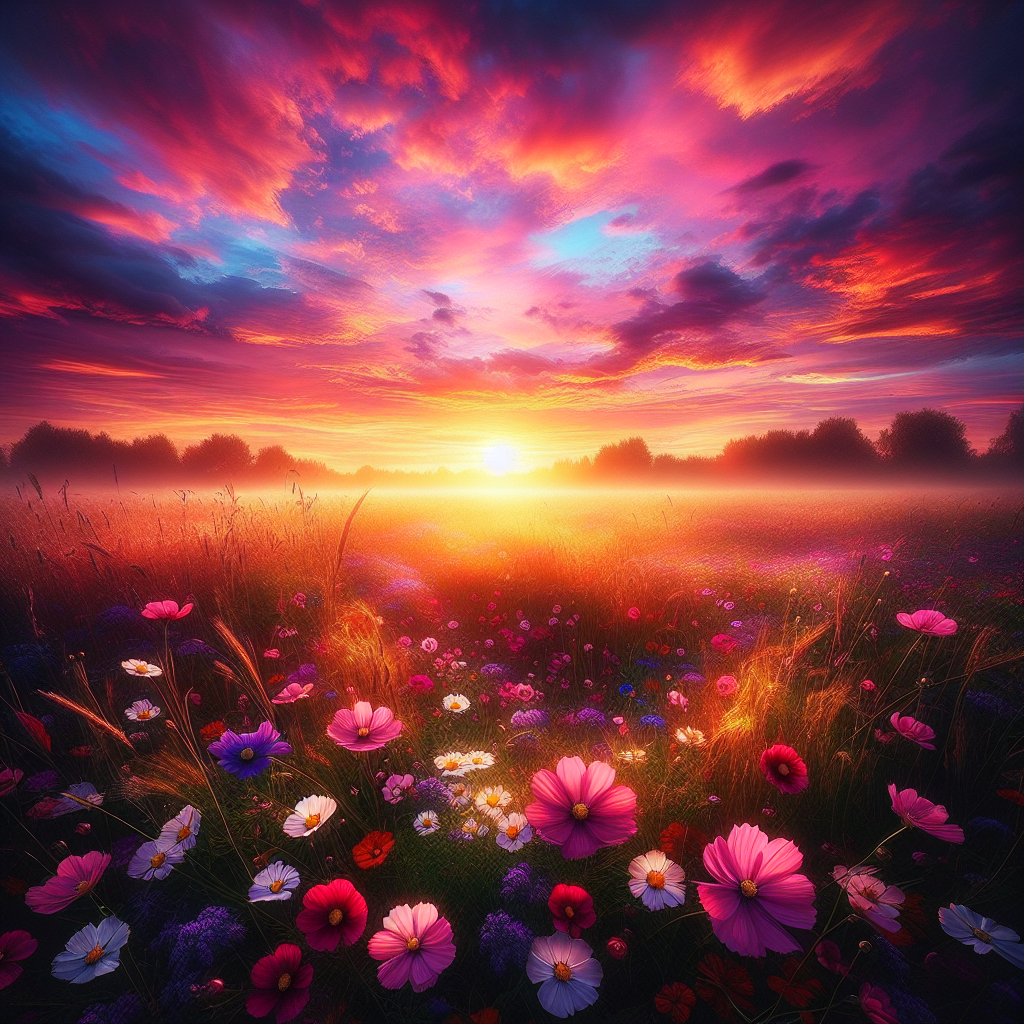 Radiant summer sunset over a flower-speckled field, transitioning from a peaceful morning, good morning image.