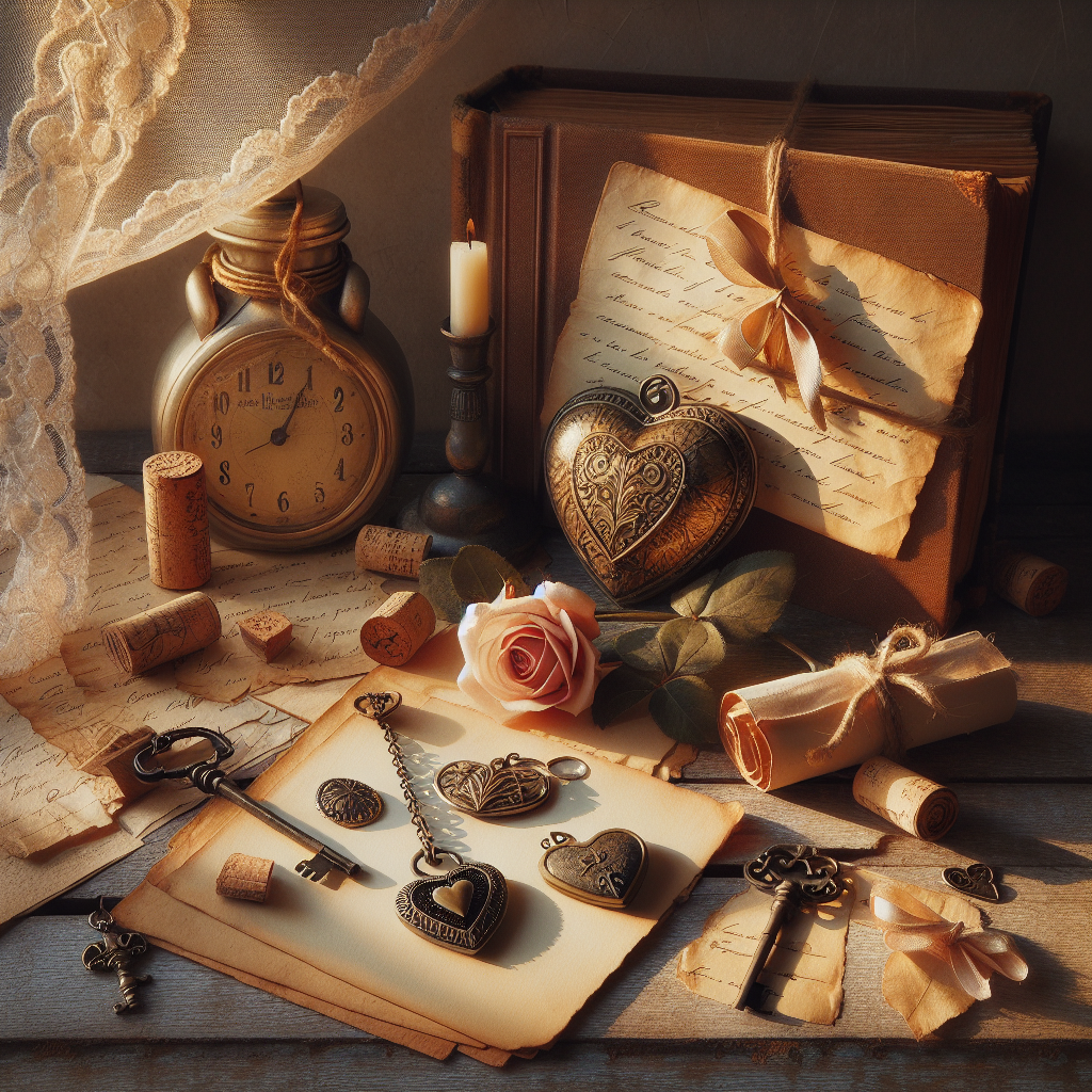 A good morning image featuring cherished romantic memories with elements like faded letters, a heart locket, wine cork, key, dried rose, and soft morning light.