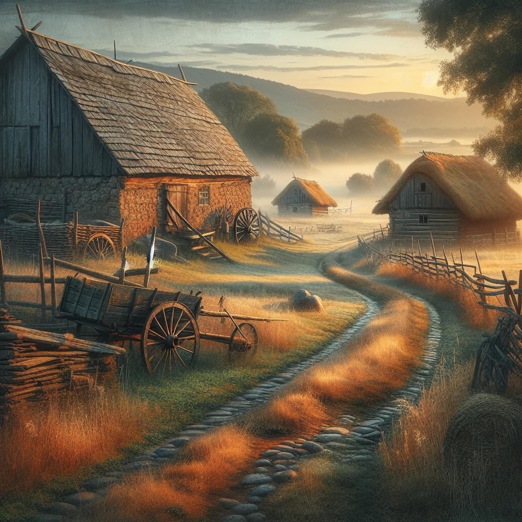 A serene good morning image featuring a tranquil countryside morning with old barns, worn pathways, and open fields.