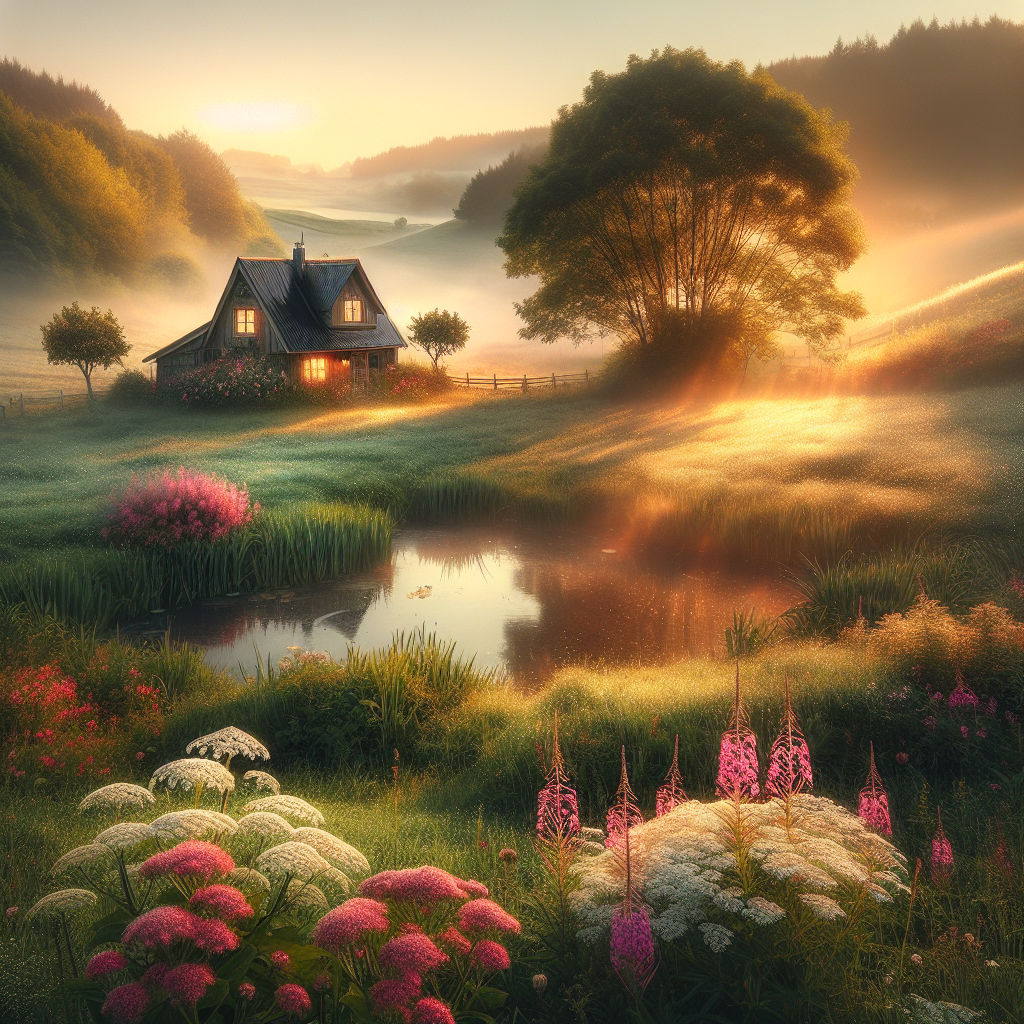 Quaint cottage by a pond, surrounded by dewy wildflowers and a gentle mist, capturing a serene good morning image.