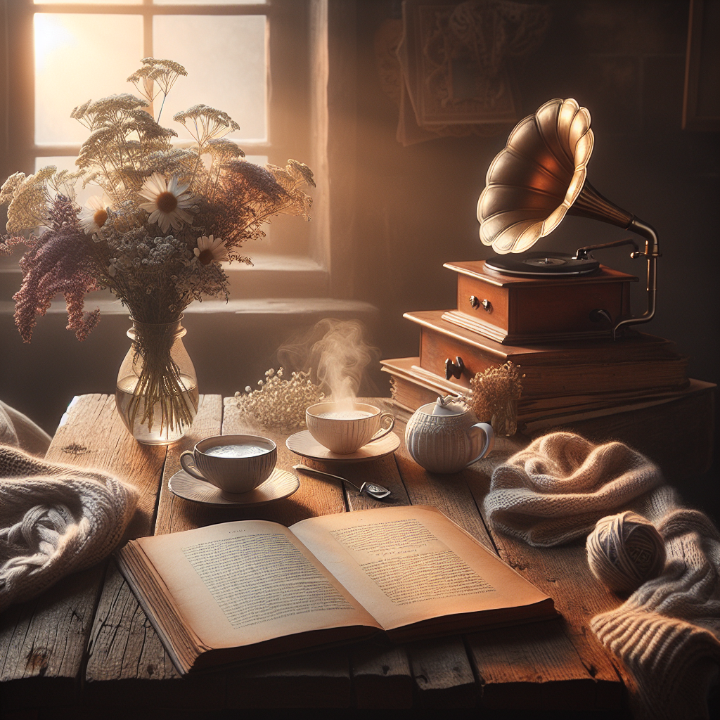 A serene kitchen scene with two steaming cups of coffee, a book with a love quote, and a bouquet of wildflowers on a rustic table, encapsulating a tender, romantic morning.