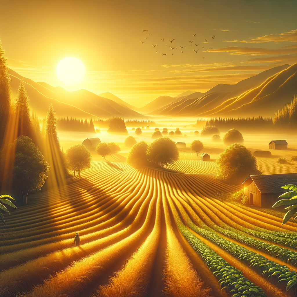 Sun-kissed farm fields glow with a golden hue in this tranquil good morning image, evoking serenity and peace.