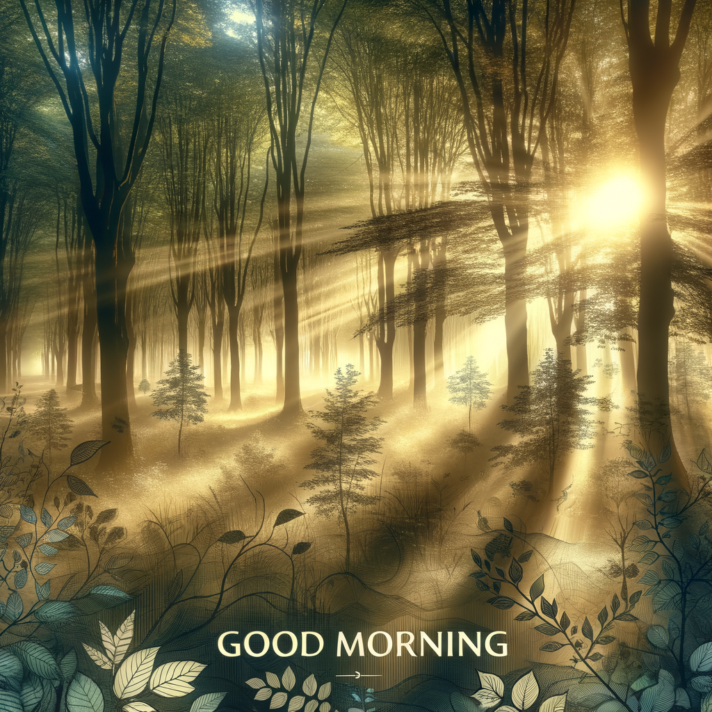 Serene dawn in a peaceful forest, golden beams of light piercing through, embodying a good morning image.