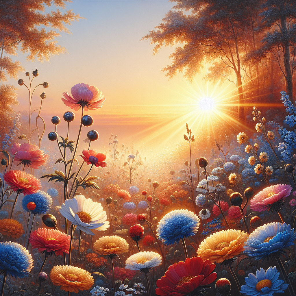 A tranquil morning scene with radiant flowers glowing under the early sun rays, embodying a refreshing good morning image.