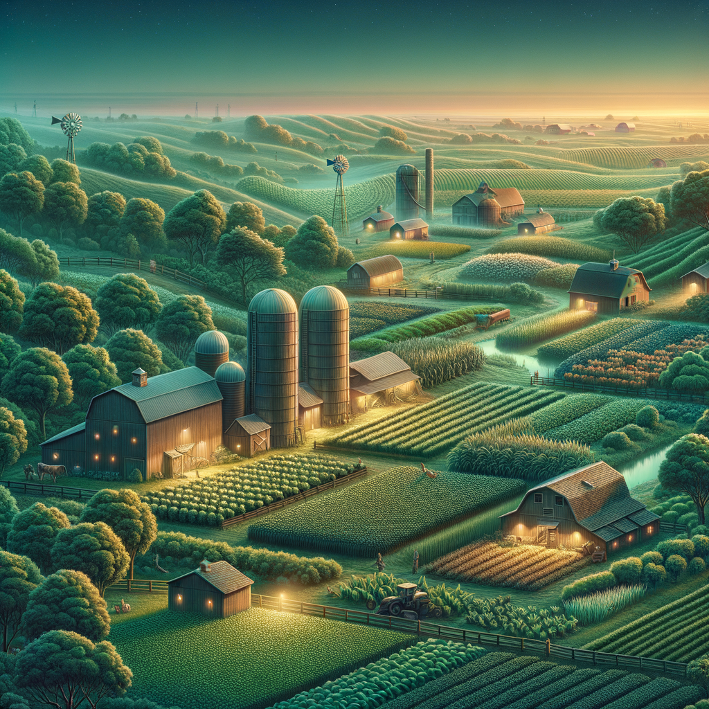 Good morning image of a thriving farm at dawn with lush fields, bountiful orchards, and vibrant gardens, symbolizing growth.