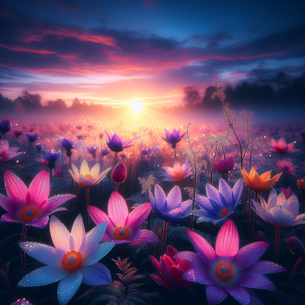 A good morning image of vibrant flowers wet with dew, under the changing colors of the morning sky.