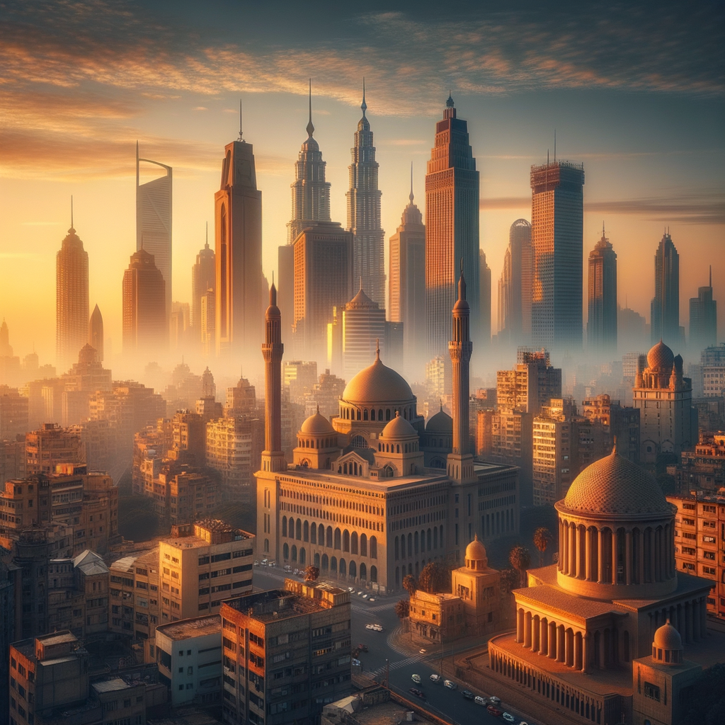 A serene good morning image showcasing skyscrapers and historical monuments in the tranquil light of dawn.