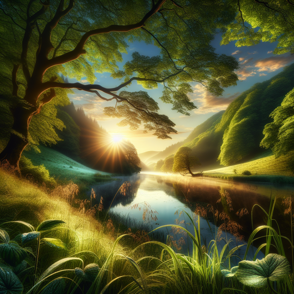 A tranquil good morning image with the sun rising over a serene lake, lush green hills, and age-old trees.