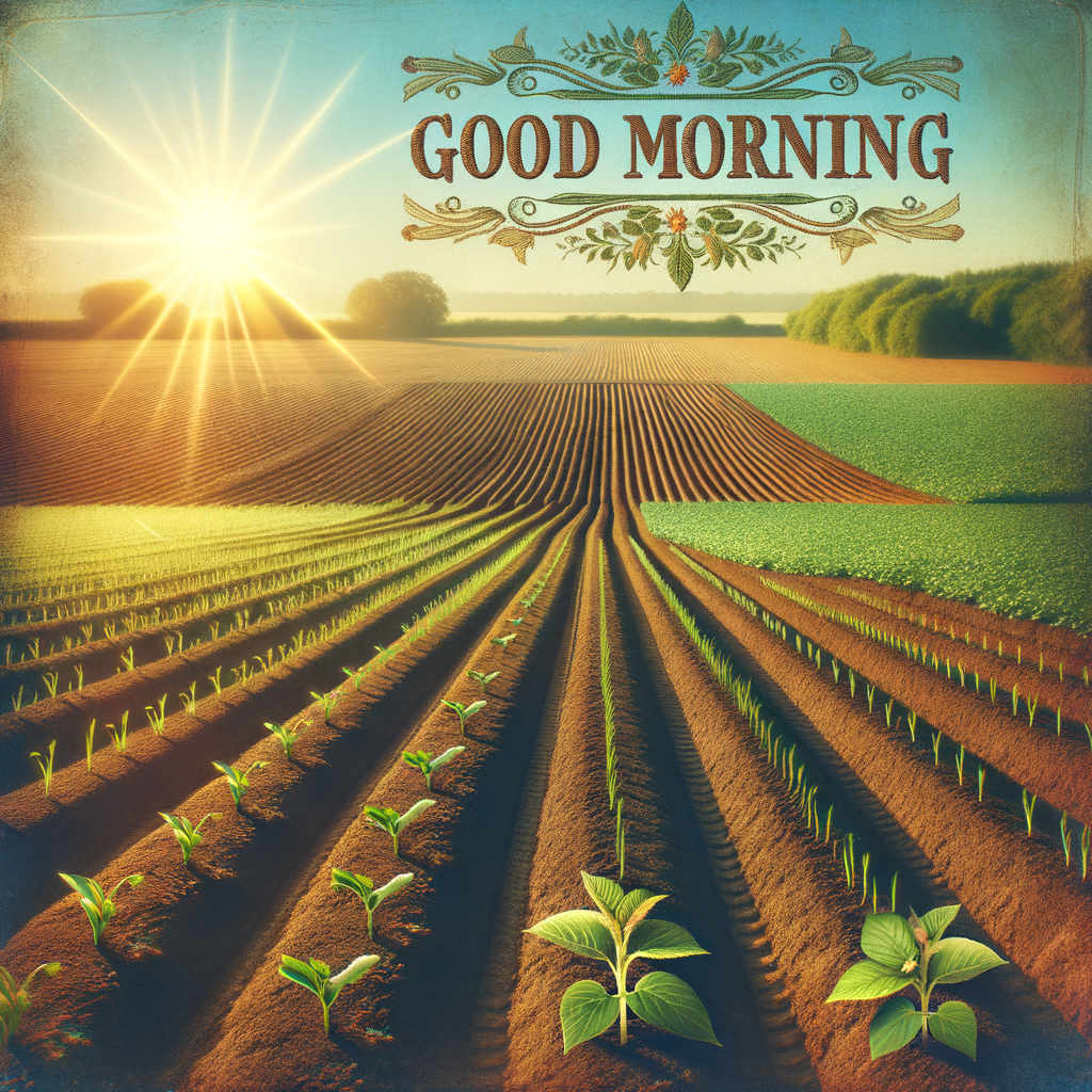 The crisp ambiance of sun-kissed farms in the golden morning light with the cheerful greeting 'Good Morning' in the sky.