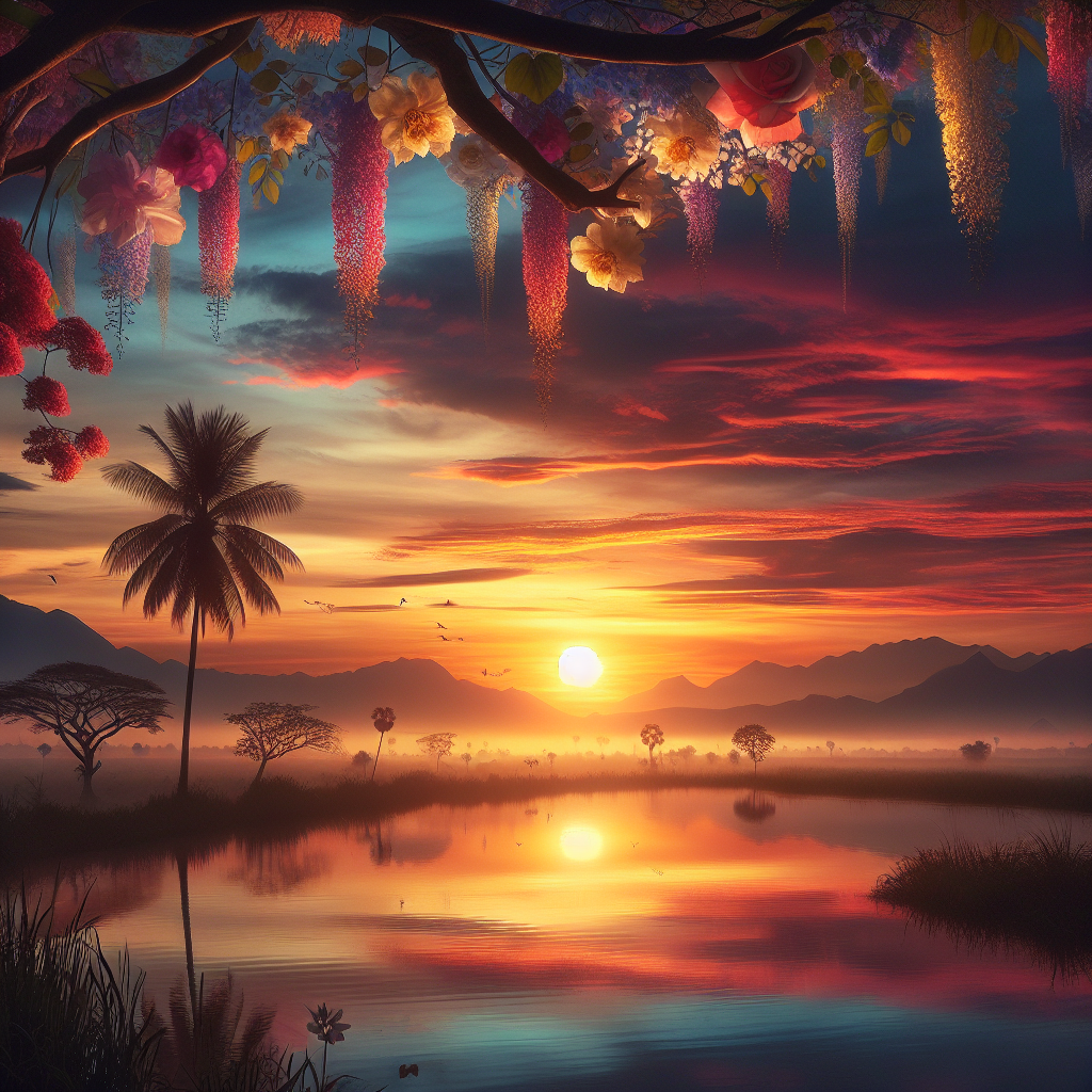 Serene morning scene with a summer sunset, radiant colors across the sky, encapsulating the essence of tranquility in a good morning image.