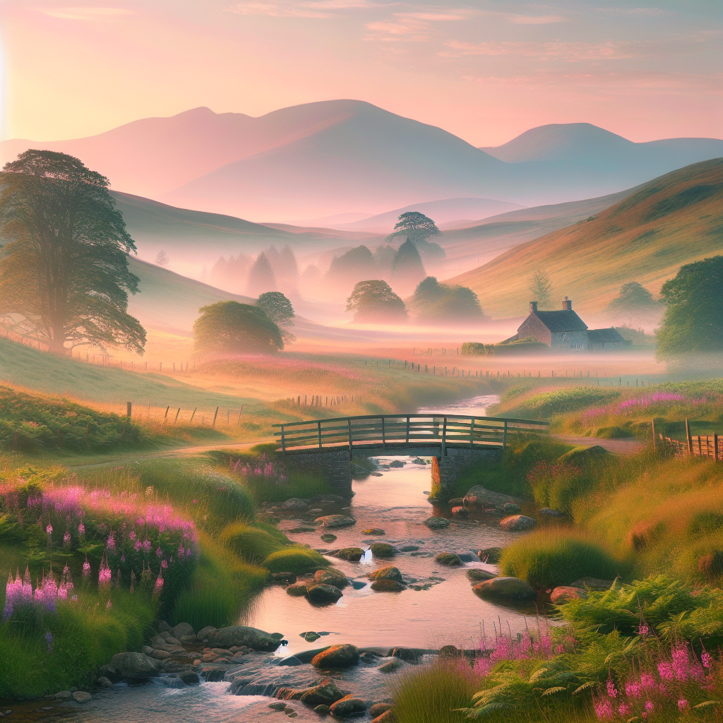 Tranquil morning in the countryside with rolling hills, a gentle creek, and a rustic bridge, perfect for a good morning image.