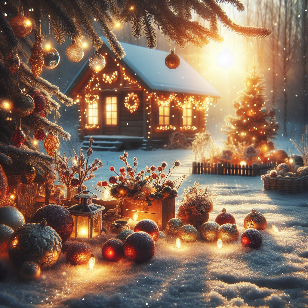 Festive winter morning scene with snow-covered ground and a warmly lit wooden cabin, embodying the spirit of the holiday season in a good morning image