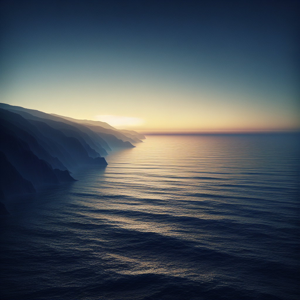 A tranquil morning scene with the vast, deep ocean under the soft light of rising sun, embodying peace and mystery, perfect as a good morning image.