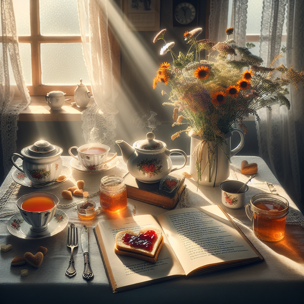 Heartwarming good morning image of a breakfast table set for two, illuminated by gentle sunlight with a focus on love and connection.