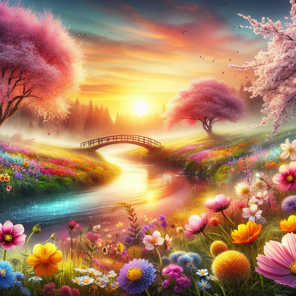 A tranquil spring morning with a sunrise casting soft colors over dewy flowers and cherry blossoms by a river.