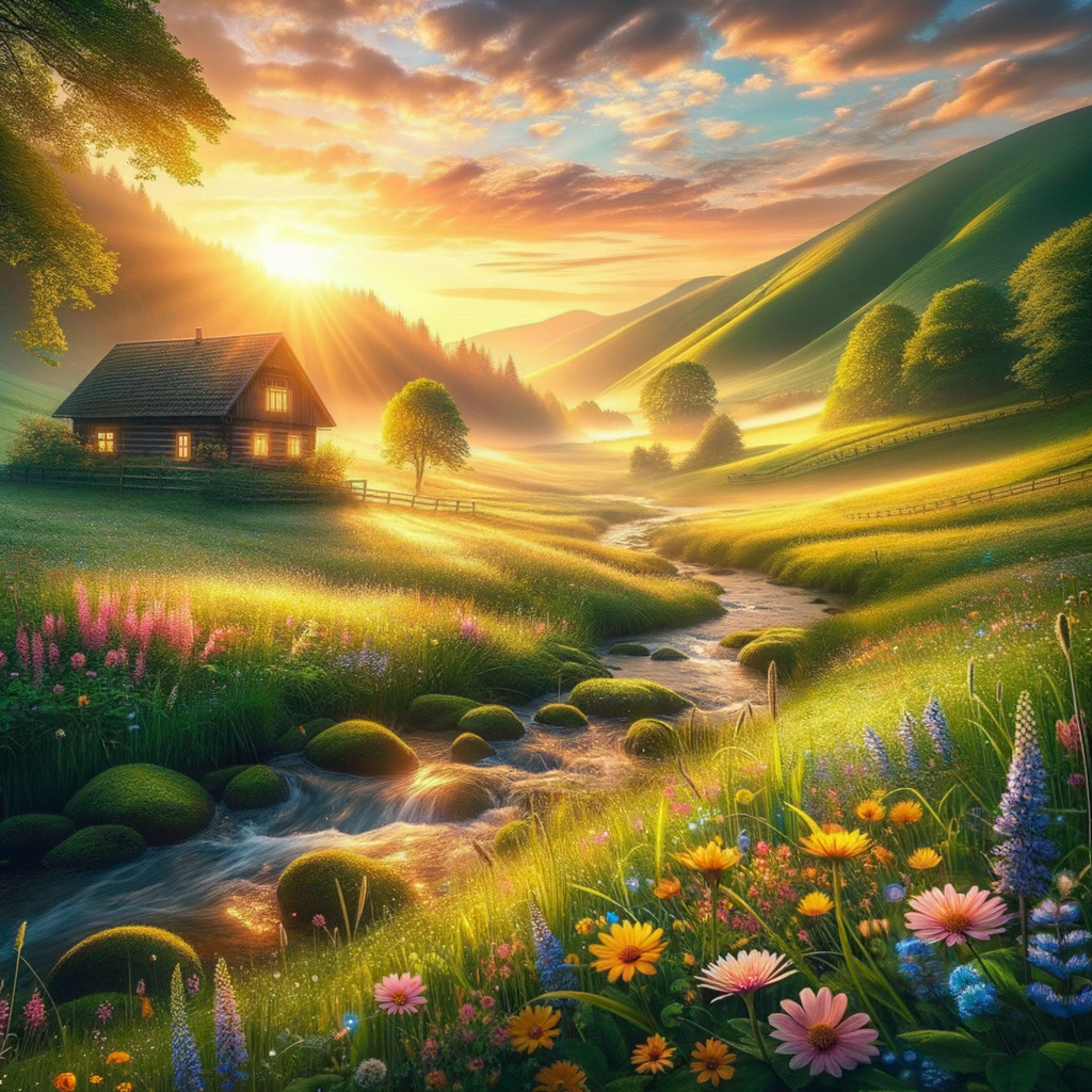 A serene good morning image of sunrise over hills, wildflowers in a meadow, and a gentle stream by a wooden cabin.