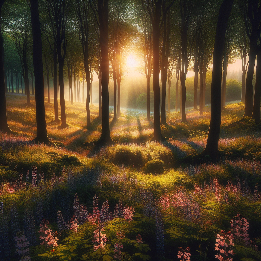 Enchanted forest at dawn with sunlight filtering through trees, casting a warm glow over wildflowers and diverse foliage - good morning image