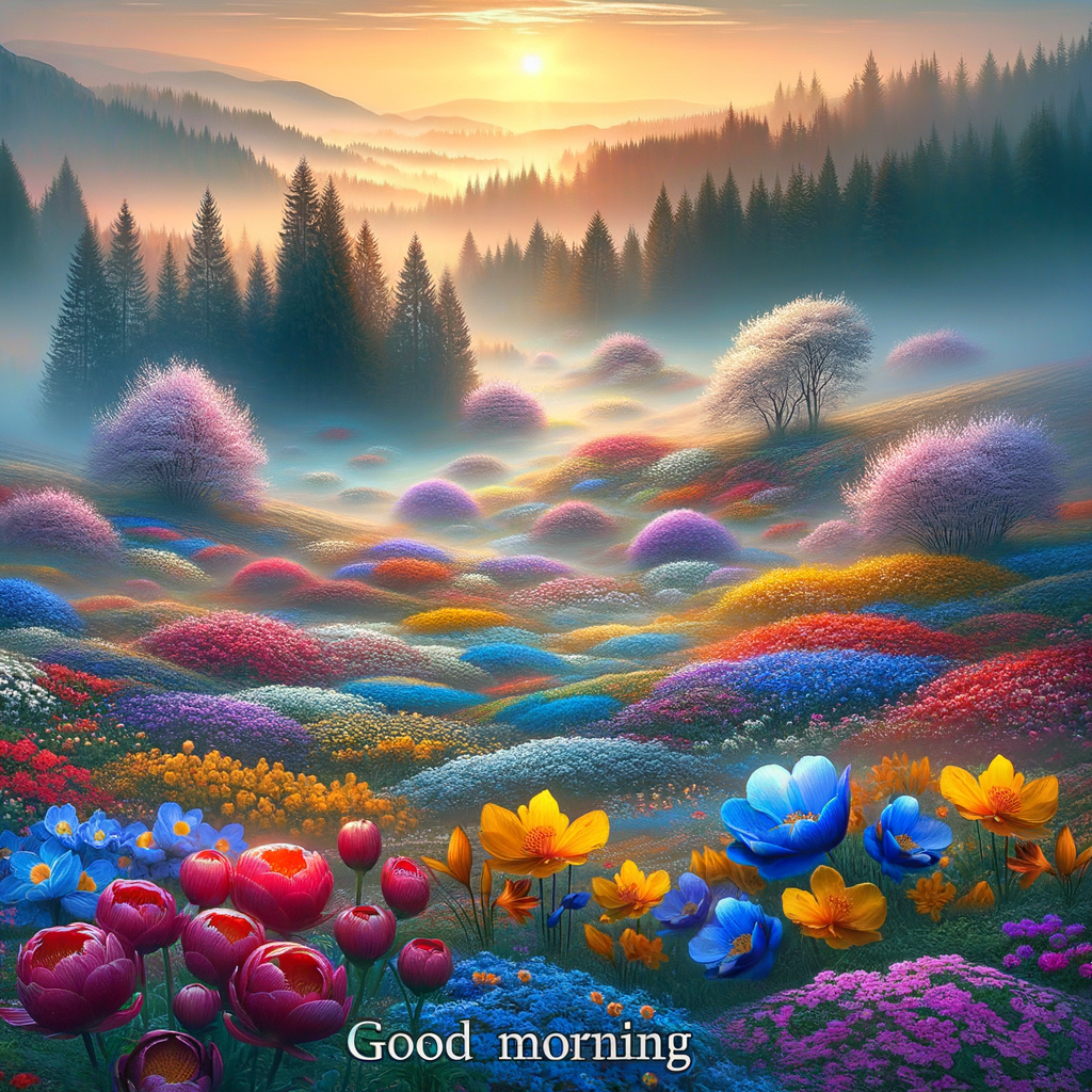 A tranquil good morning image of a spring landscape with blooming flowers and a misty sunrise.