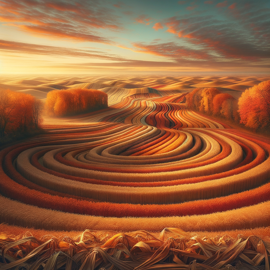 A serene good morning image showcasing a harvested field with autumn colors and soft sunrise hues.