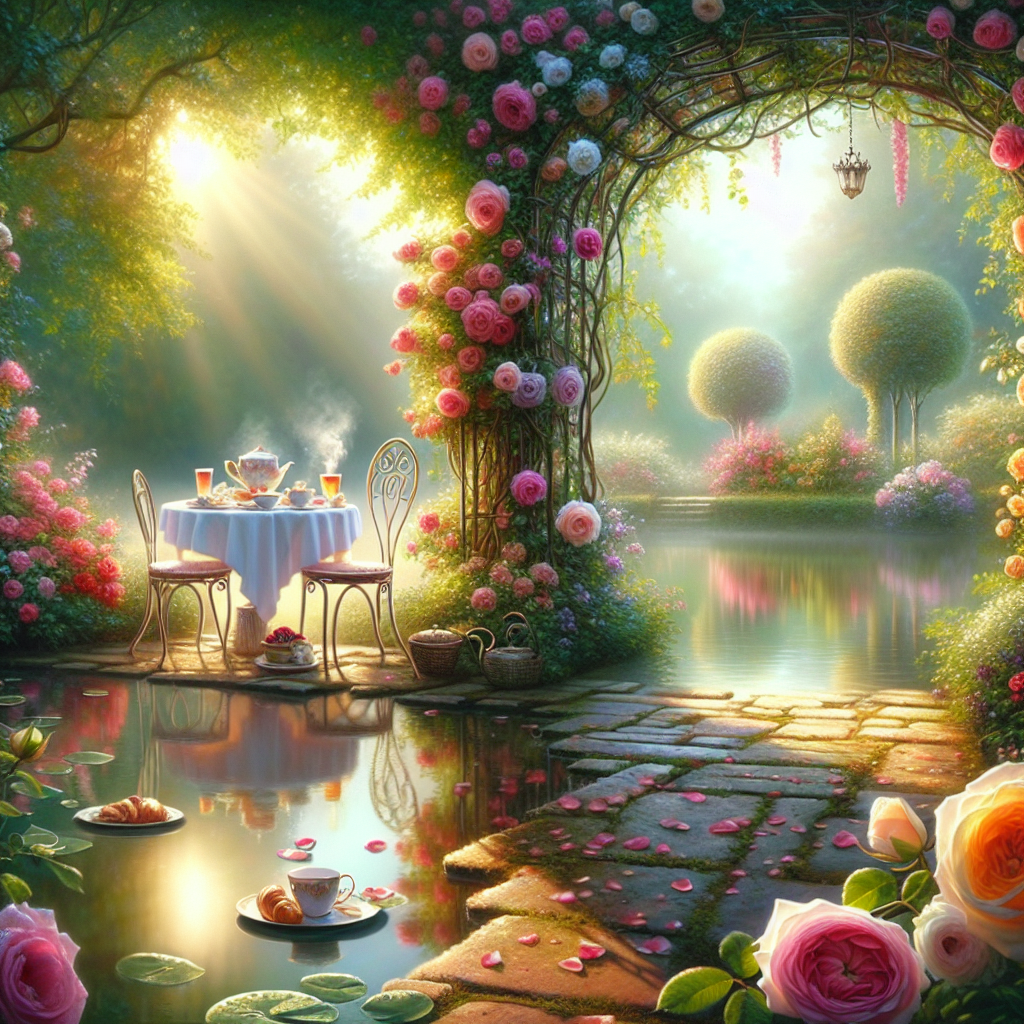 Serene garden at sunrise with blooming roses, a quaint breakfast table by a pond, symbolizing a romantic good morning image