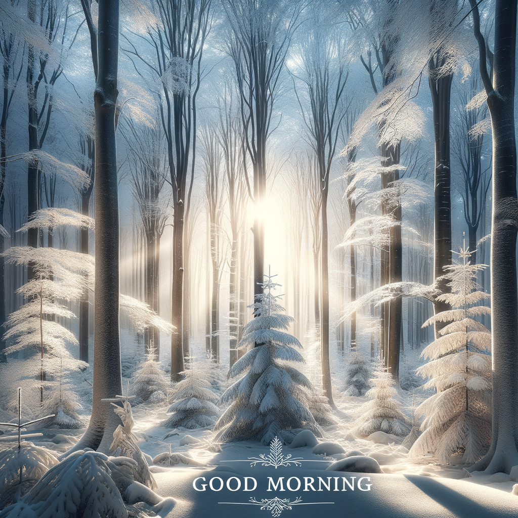 A peaceful good morning image of an enchanting winter forest with snow-laden trees and a sunlit clearing.