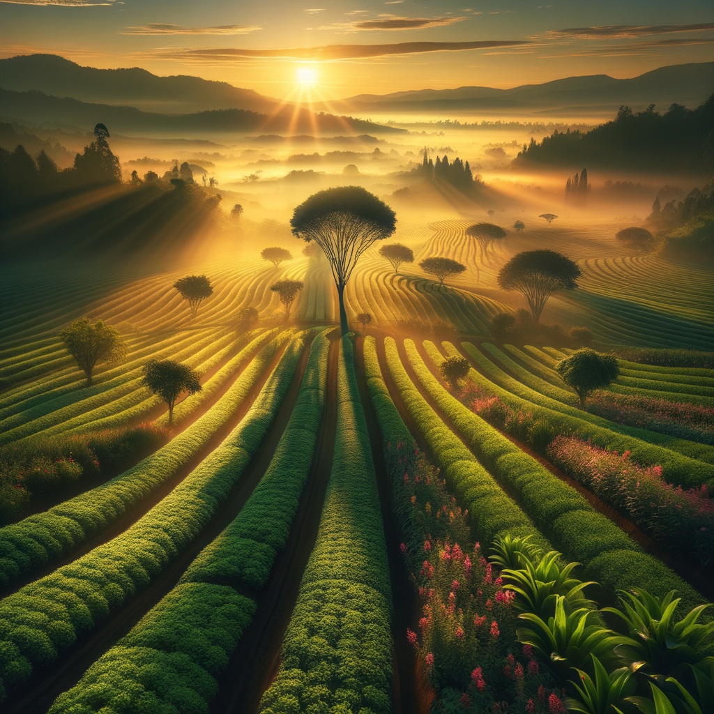 A flourishing farm at sunrise, with crops and flowers glistening with dew, no animals, a perfect good morning image.