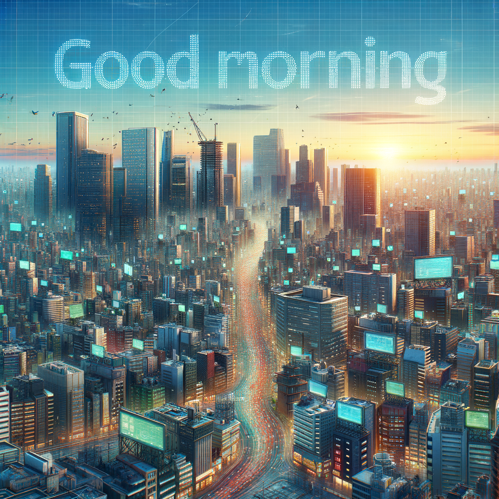 An early morning cityscape with sunlit buildings and the text 'Good Morning' in the sky - a good morning image.