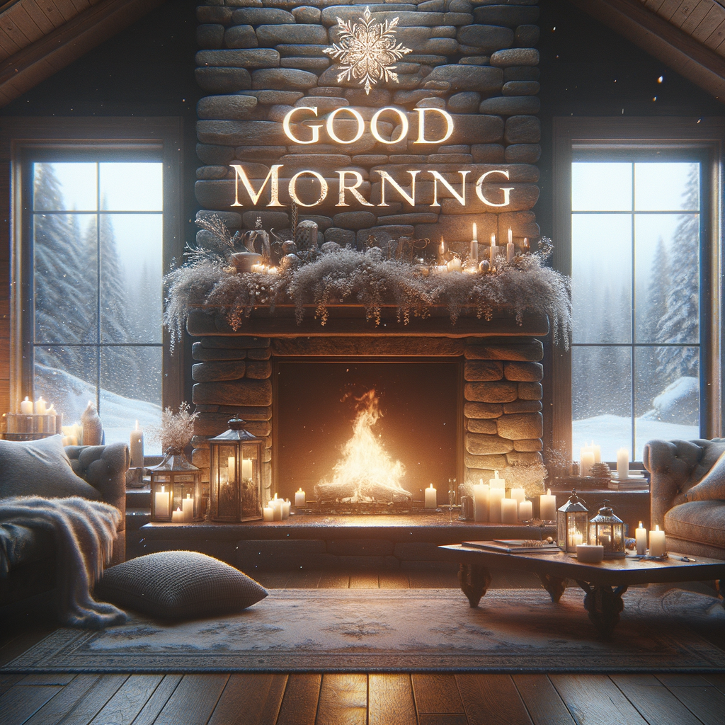 A serene morning image featuring a cozy winter night setting with a stone fireplace and gentle snowfall outside.