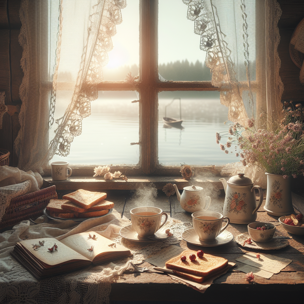 A heartwarming good morning image with steaming mugs, an open book with pressed flowers, handwritten letters, toast and a serene lake view.