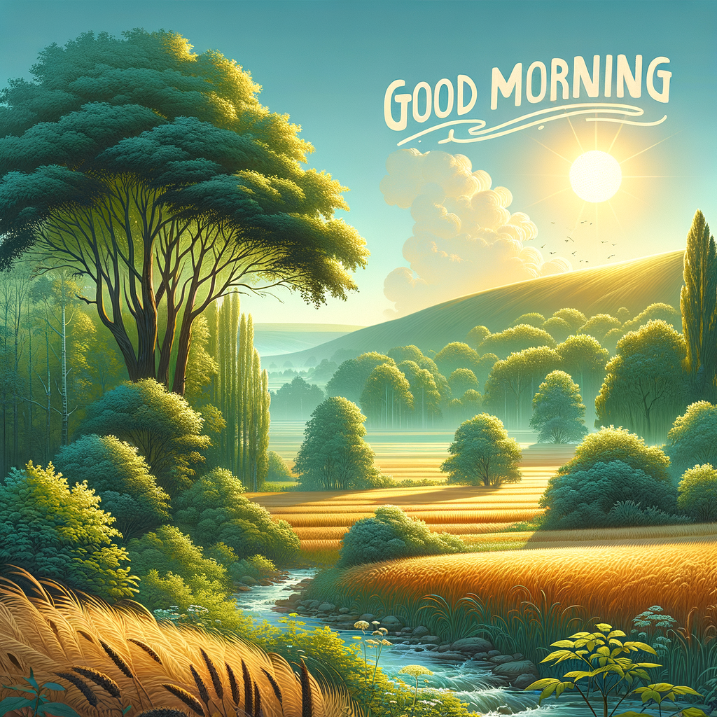 Serene good morning image showing a lush summer landscape with a gently flowing stream and the sun's rays.