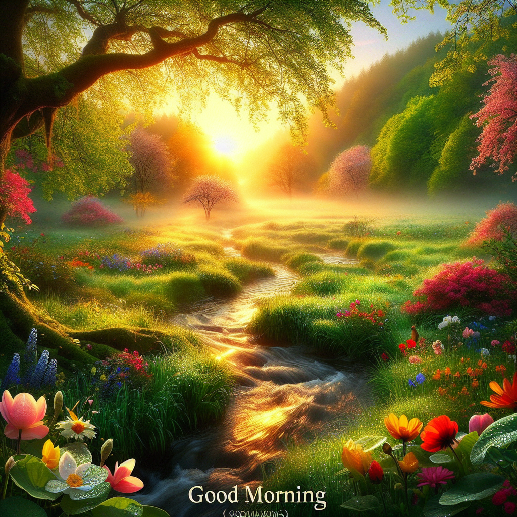 Idyllic spring morning landscape with lush green fields, serene brook, and colorful blooming flowers under a soft sunrise, good morning image