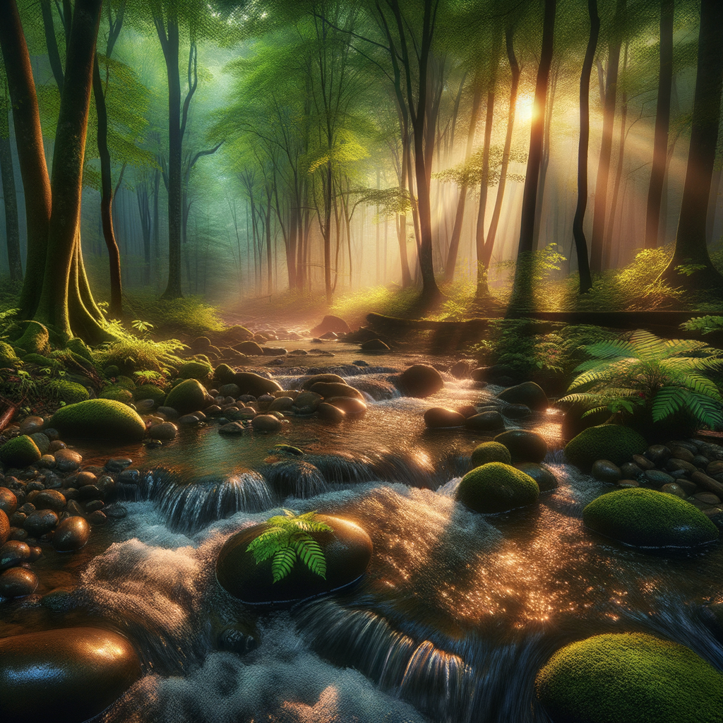 Early morning light bathes a serene forest, with a lively brook flowing over pebbles - a good morning image.