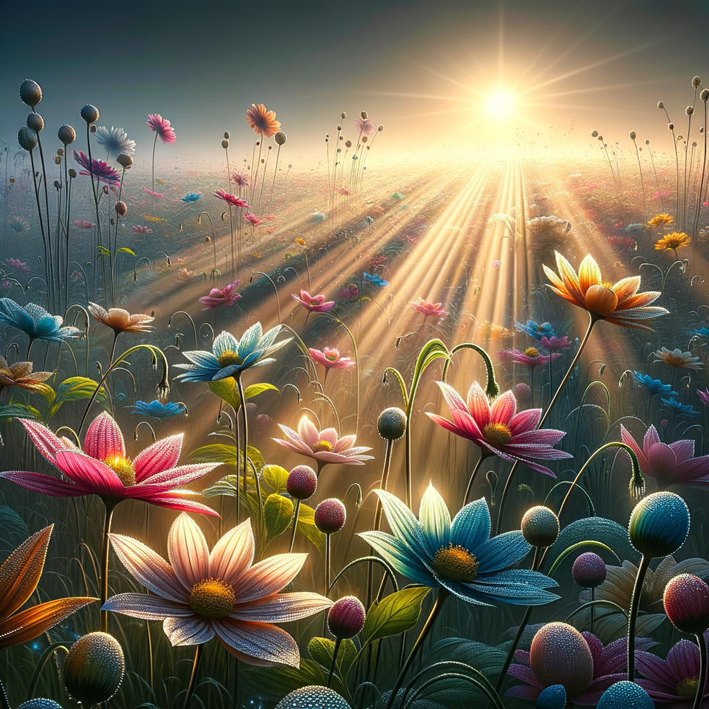 A serene good morning image of colorful flowers with dew, bathed in the soft sunlight of dawn, no creatures visible.