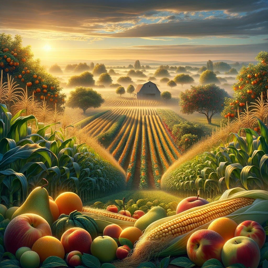 Lush farm fields with ripe fruits and vegetables gleaming under the warm hues of a good morning image.