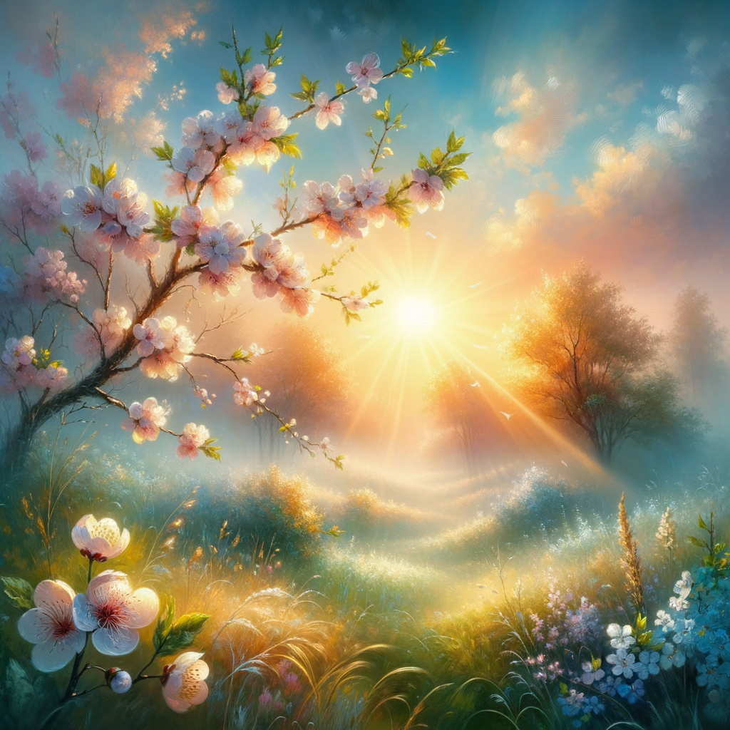 A peaceful good morning image of a spring sunrise, with rays piercing the mist and flowers in bloom.