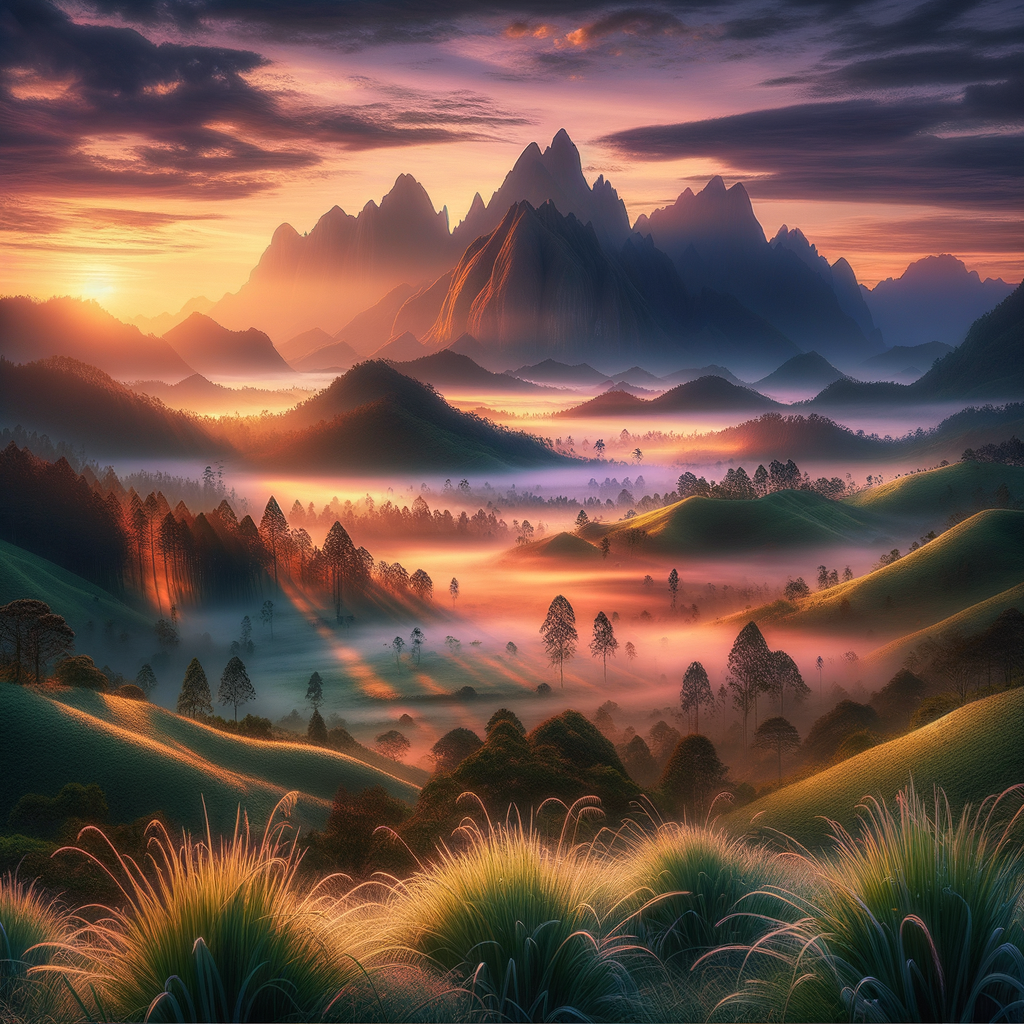 Tranquil good morning image of sunrise with vibrant skies over mountain peaks, foreground showing a misty green meadow.