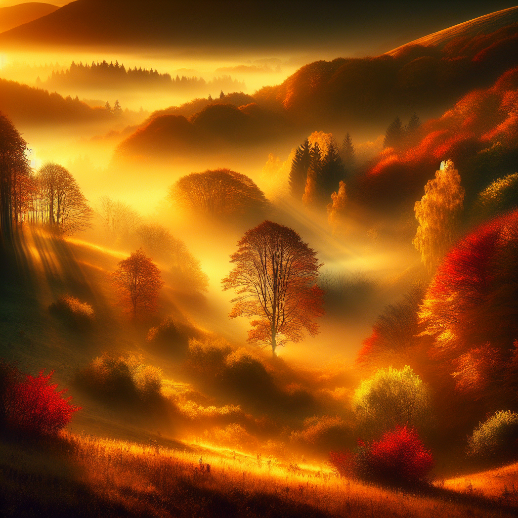 Good morning image of tranquil morning scene with golden autumn lights showcasing nature's rich tapestry.